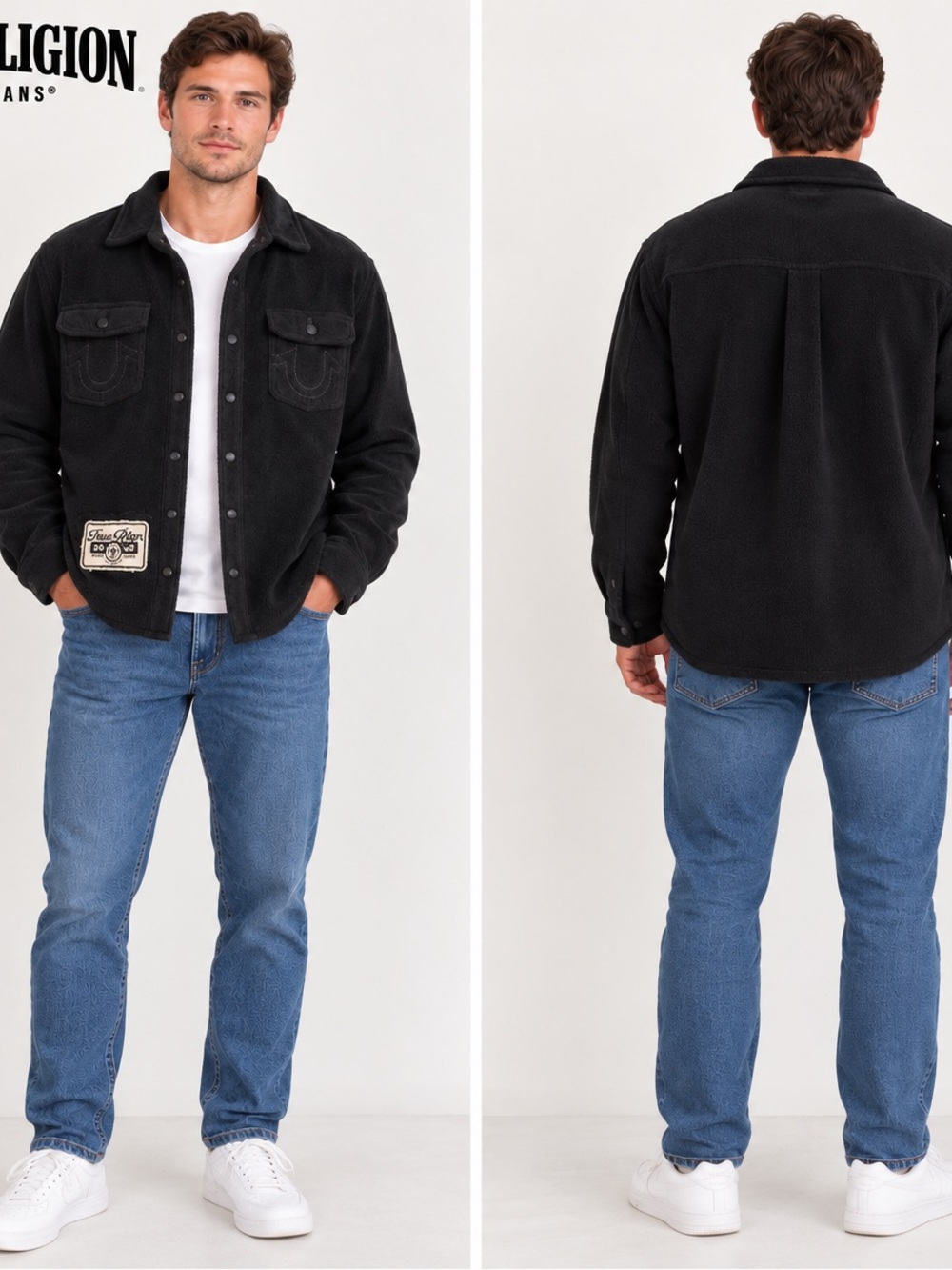 True Religion Men's Black Fleece Shirt Jacket with Patch